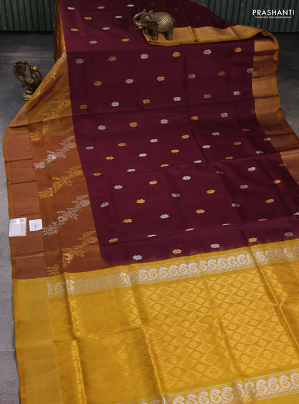 Pure uppada silk saree deep maroon and mustard yellow with silver & gold zari woven buttas and zari woven border