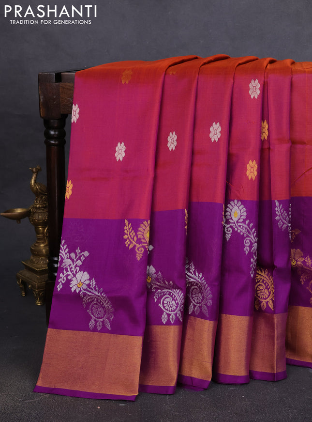 Pure uppada silk saree dual shade of maroon and violet with silver & gold zari woven buttas and zari woven border
