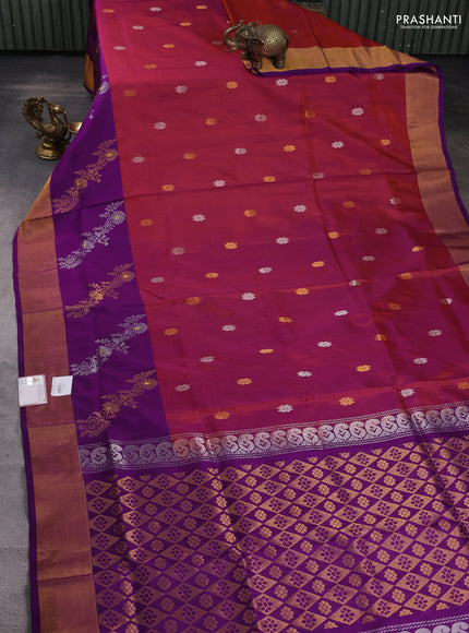Pure uppada silk saree dual shade of maroon and violet with silver & gold zari woven buttas and zari woven border