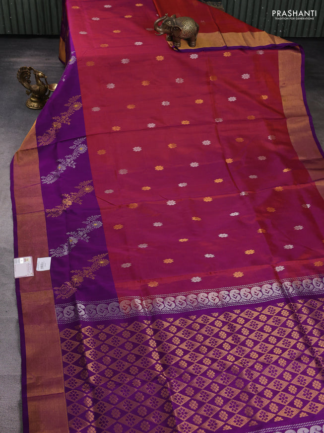 Pure uppada silk saree dual shade of maroon and violet with silver & gold zari woven buttas and zari woven border