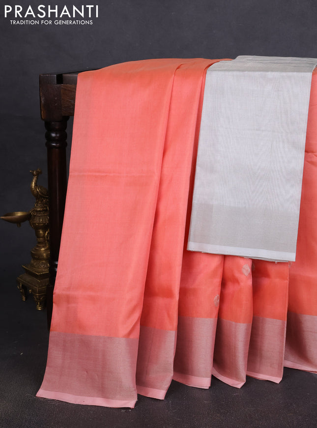 Pure uppada silk saree pale orange with silver zari woven coin buttas and silver zari woven border