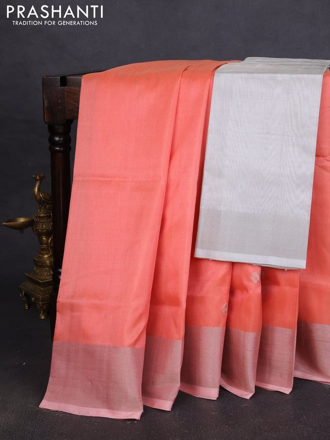 Pure uppada silk saree pale orange with silver zari woven coin buttas and silver zari woven border