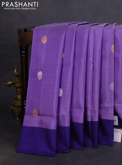 Pure uppada silk saree lavender and blue with silver & gold zari woven coin buttas and simple border