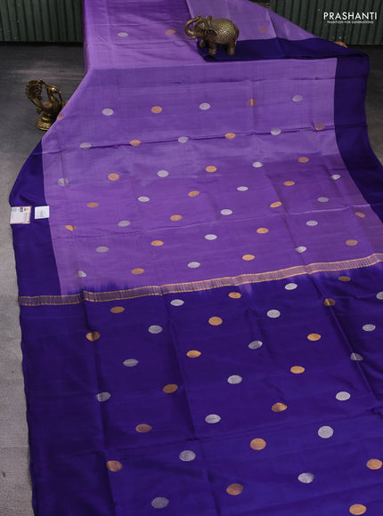Pure uppada silk saree lavender and blue with silver & gold zari woven coin buttas and simple border