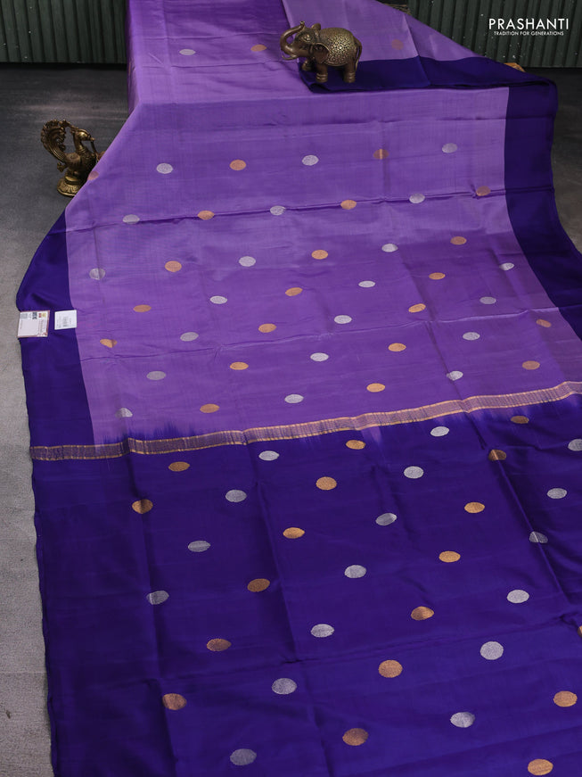 Pure uppada silk saree lavender and blue with silver & gold zari woven coin buttas and simple border