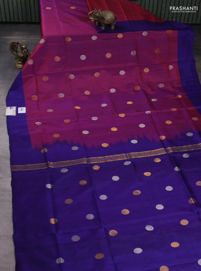 Pure uppada silk saree maroon and blue with silver & gold zari woven coin buttas and simple border