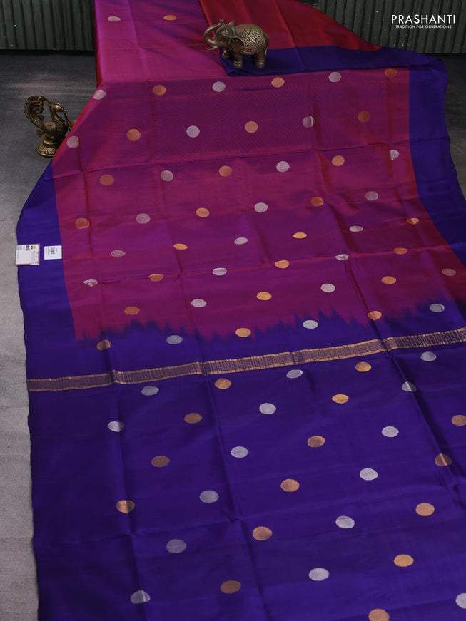 Pure uppada silk saree maroon and blue with silver & gold zari woven coin buttas and simple border