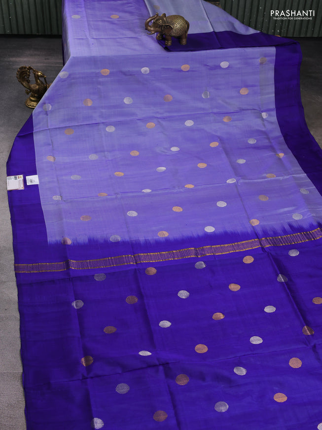 Pure uppada silk saree blue shade with silver & gold zari woven coin buttas and simple border