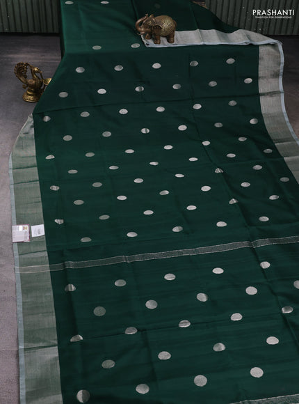 Pure uppada silk saree dark green with silver zari woven coin buttas and silver zari woven border