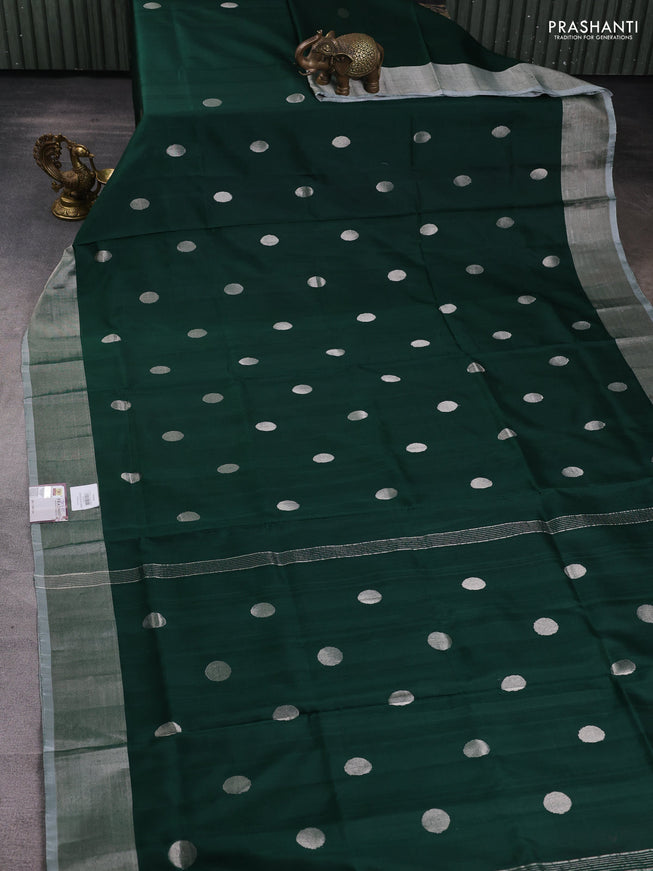 Pure uppada silk saree dark green with silver zari woven coin buttas and silver zari woven border