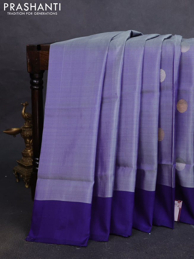 Pure uppada silk saree bluish grey and blue with silver & gold zari woven coin buttas and simple border