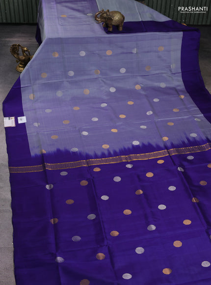 Pure uppada silk saree bluish grey and blue with silver & gold zari woven coin buttas and simple border