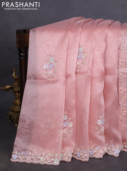 Organza silk saree peach shade with allover sequins embroidery