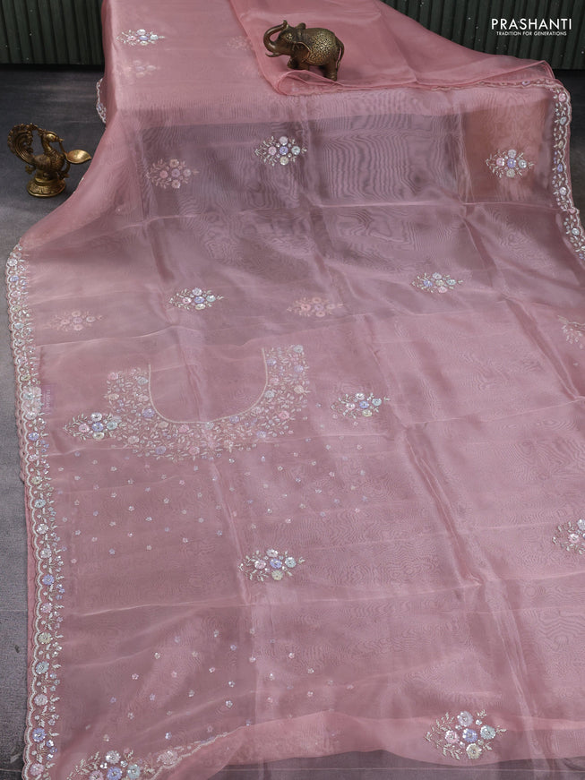 Organza silk saree peach shade with allover sequins embroidery