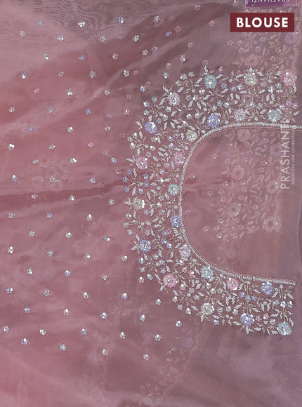 Organza silk saree peach shade with allover sequins embroidery