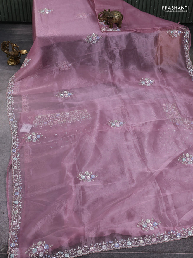 Organza silk saree pastel pink with allover sequins embroidery