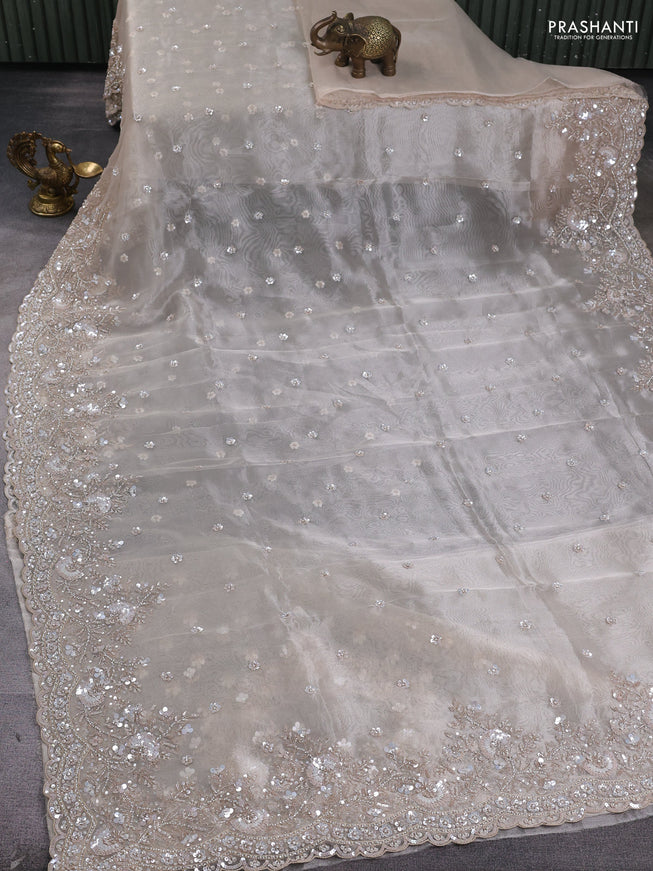 Organza silk saree beige with allover sequins embroidery