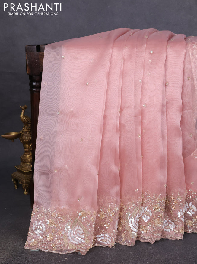 Organza silk saree mild peach with allover sequins embroidery