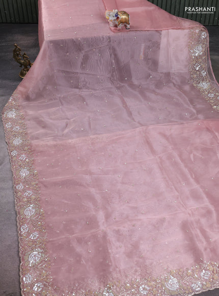 Organza silk saree mild peach with allover sequins embroidery