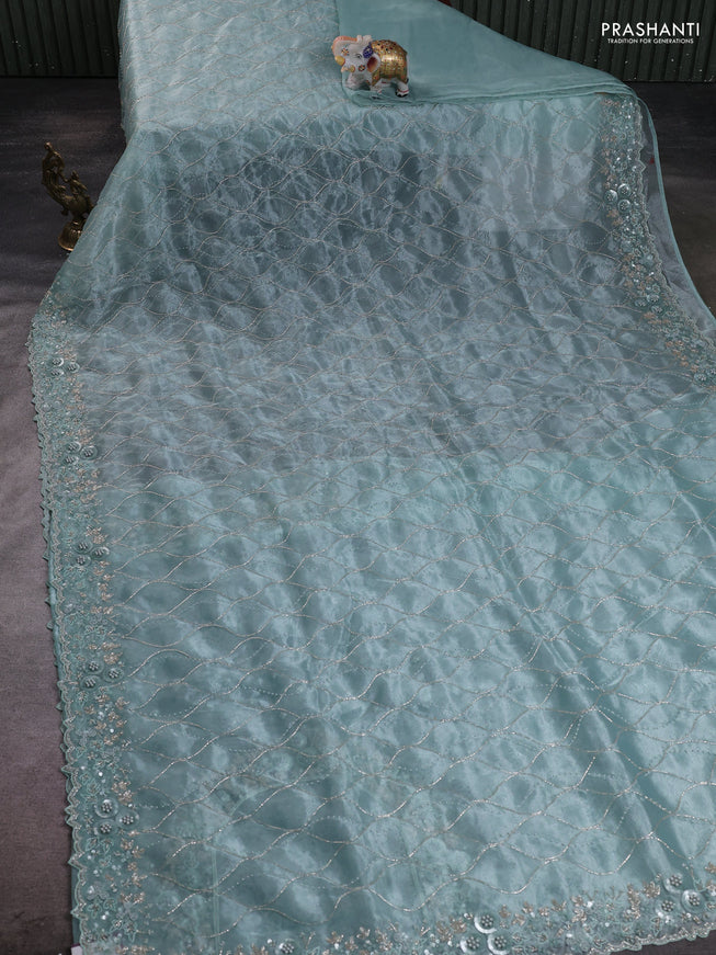 Organza silk saree teal shade with allover beads & sequin work
