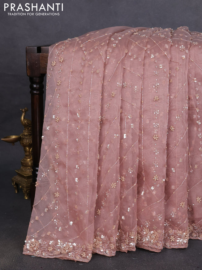 Organza silk saree peach shade with allover sequins embroidery
