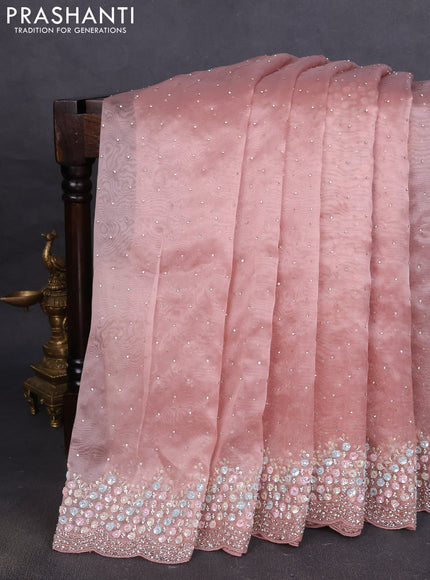 Organza silk saree mild peach with allover sequins embroidery