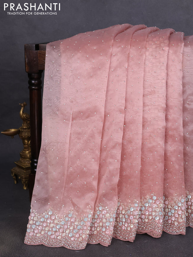 Organza silk saree mild peach with allover sequins embroidery