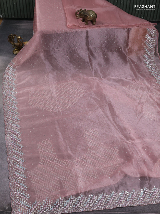 Organza silk saree mild peach with allover sequins embroidery