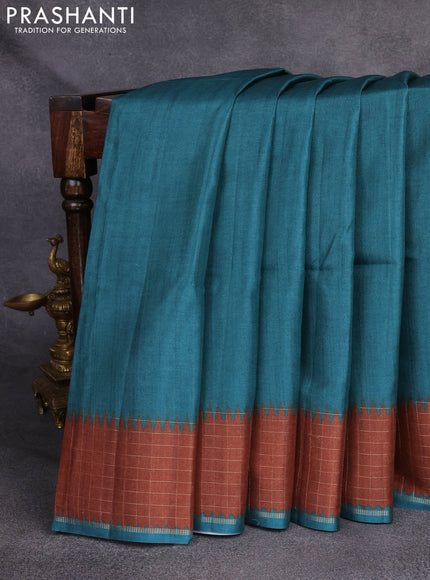 Semi tussar saree peacock green and brown with plain body and temple design zari checked border