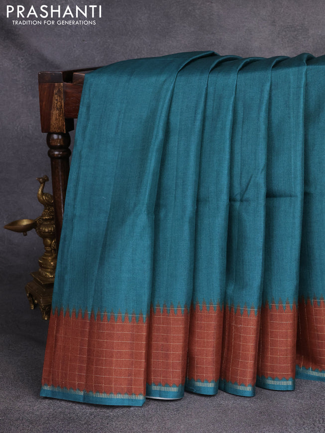 Semi tussar saree peacock green and brown with plain body and temple design zari checked border