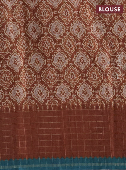 Semi tussar saree peacock green and brown with plain body and temple design zari checked border