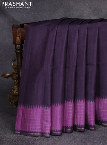 Semi tussar saree jamun and purple with plain body and temple design zari checked border