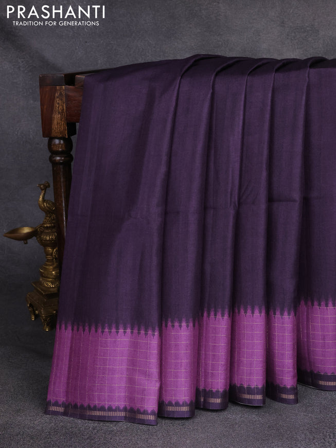 Semi tussar saree jamun and purple with plain body and temple design zari checked border