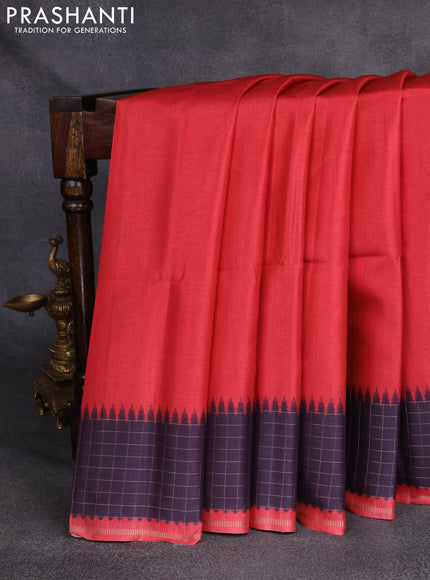 Semi tussar saree red and wine with plain body and temple design zari checked border