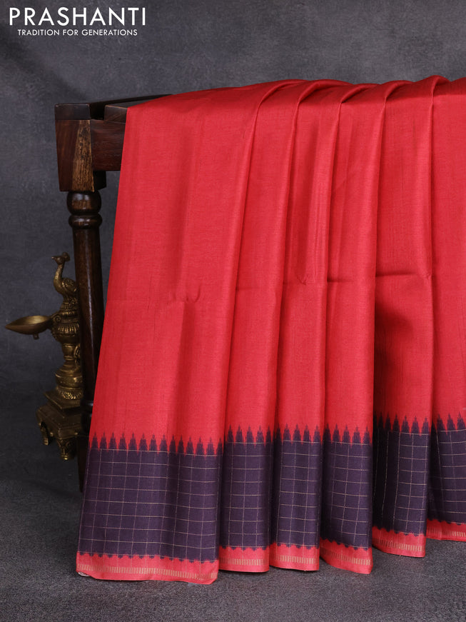 Semi tussar saree red and wine with plain body and temple design zari checked border