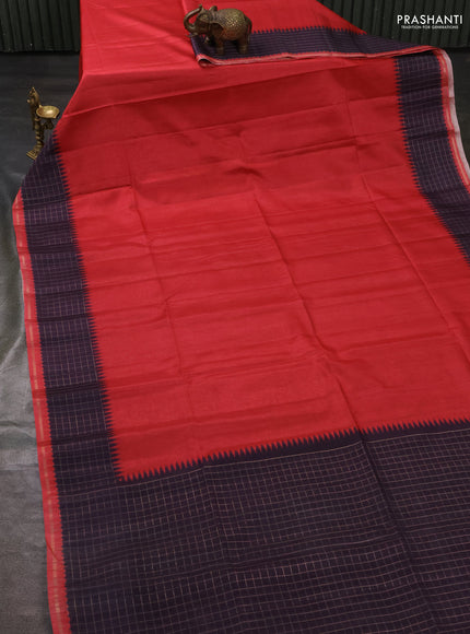 Semi tussar saree red and wine with plain body and temple design zari checked border