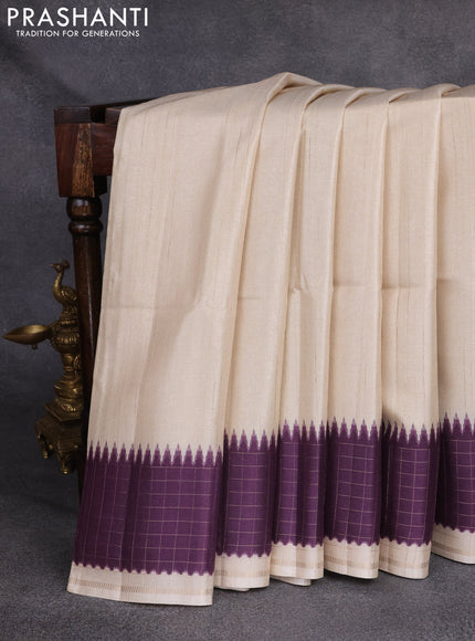 Semi tussar saree cream and wine with plain body and temple design zari checked border
