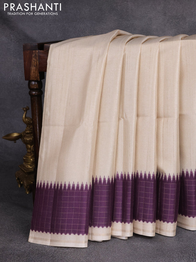 Semi tussar saree cream and wine with plain body and temple design zari checked border
