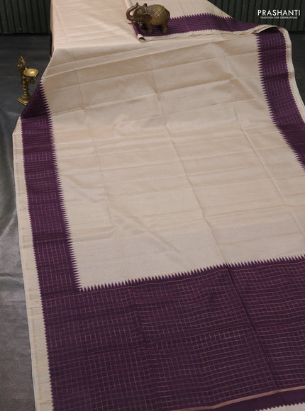 Semi tussar saree cream and wine with plain body and temple design zari checked border