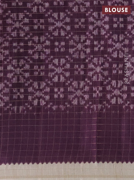 Semi tussar saree cream and wine with plain body and temple design zari checked border