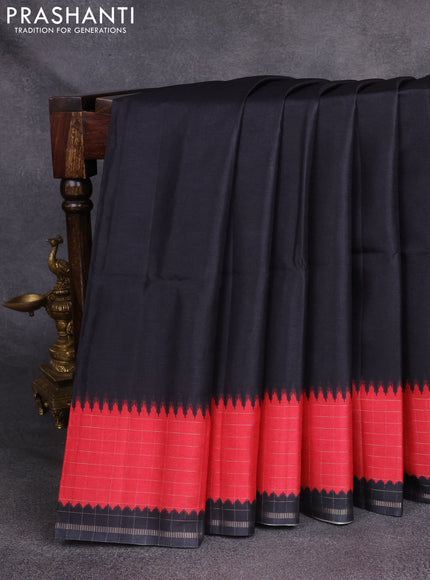 Semi tussar saree black and red with plain body and temple design zari checked border