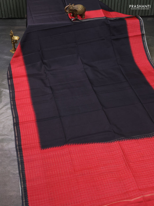 Semi tussar saree black and red with plain body and temple design zari checked border