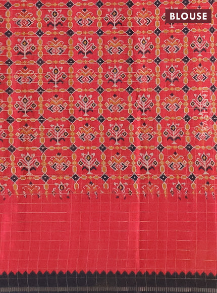 Semi tussar saree black and red with plain body and temple design zari checked border