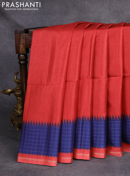 Semi tussar saree red and blue with plain body and temple design zari checked border