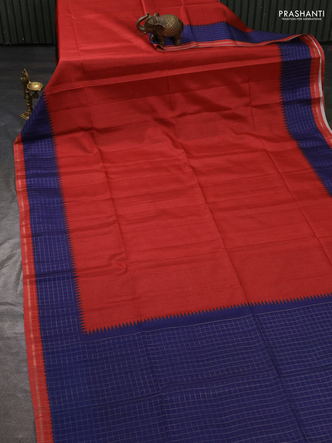 Semi tussar saree red and blue with plain body and temple design zari checked border