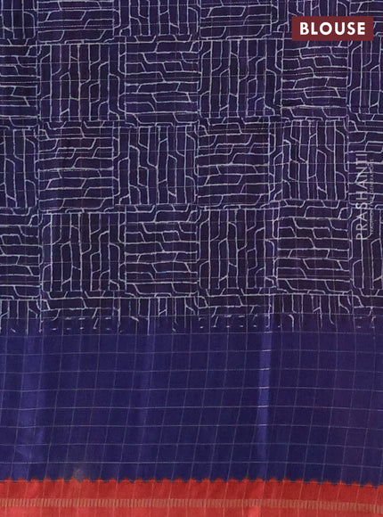 Semi tussar saree red and blue with plain body and temple design zari checked border
