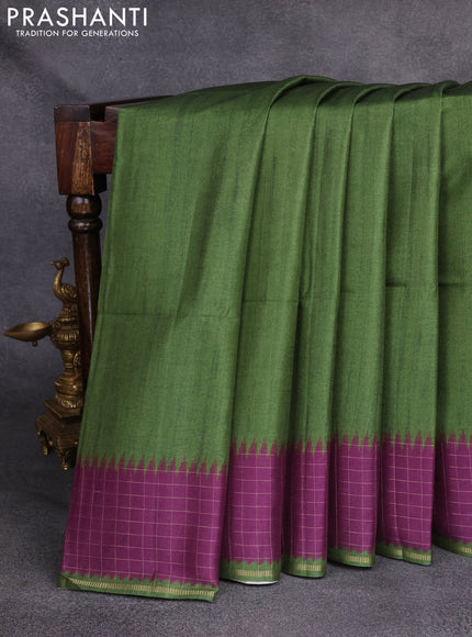 Semi tussar saree green and purple with plain body and temple design zari checked border