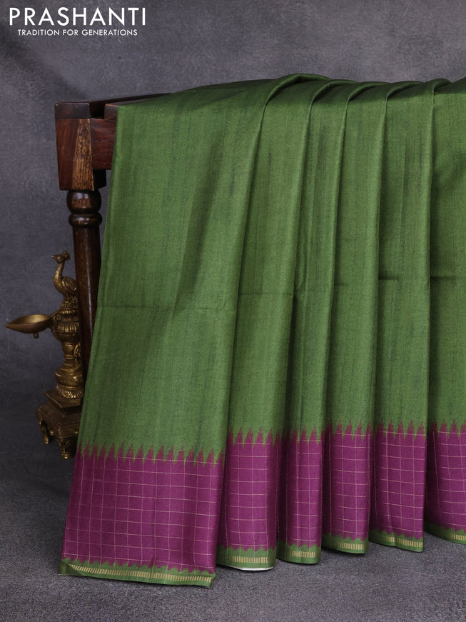 Semi tussar saree green and purple with plain body and temple design zari checked border