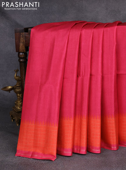 Semi tussar saree pink and orange with plain body and temple design zari checked border