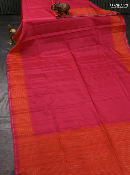 Semi tussar saree pink and orange with plain body and temple design zari checked border